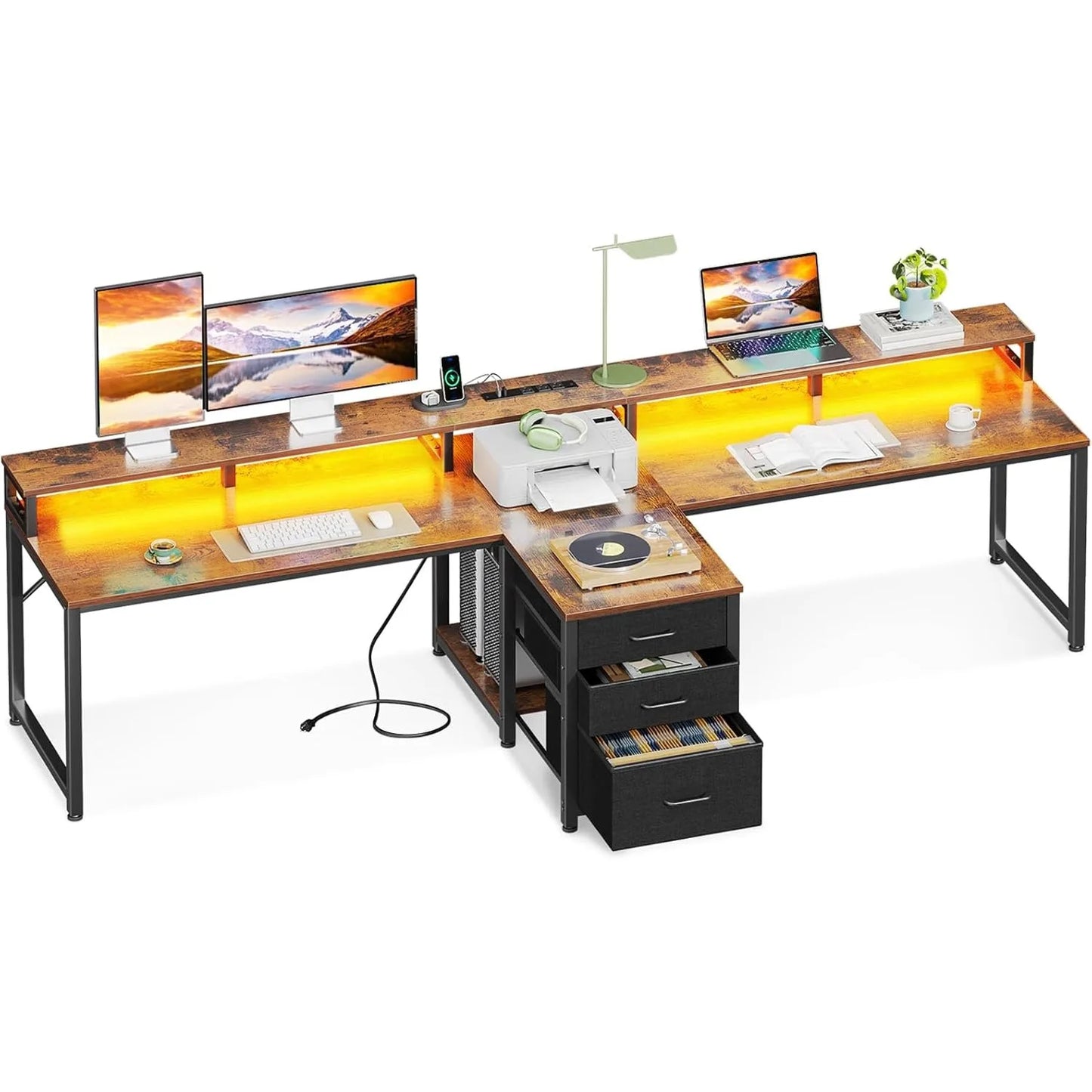 94 Inch Computer Desk for 2 with LED Light Power Outlet Storage