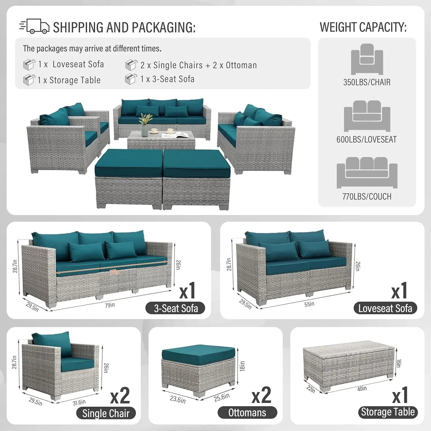 Ljustra 7 Piece Gray Rattan Patio Furniture Set Outdoor Sofa Storage Table
