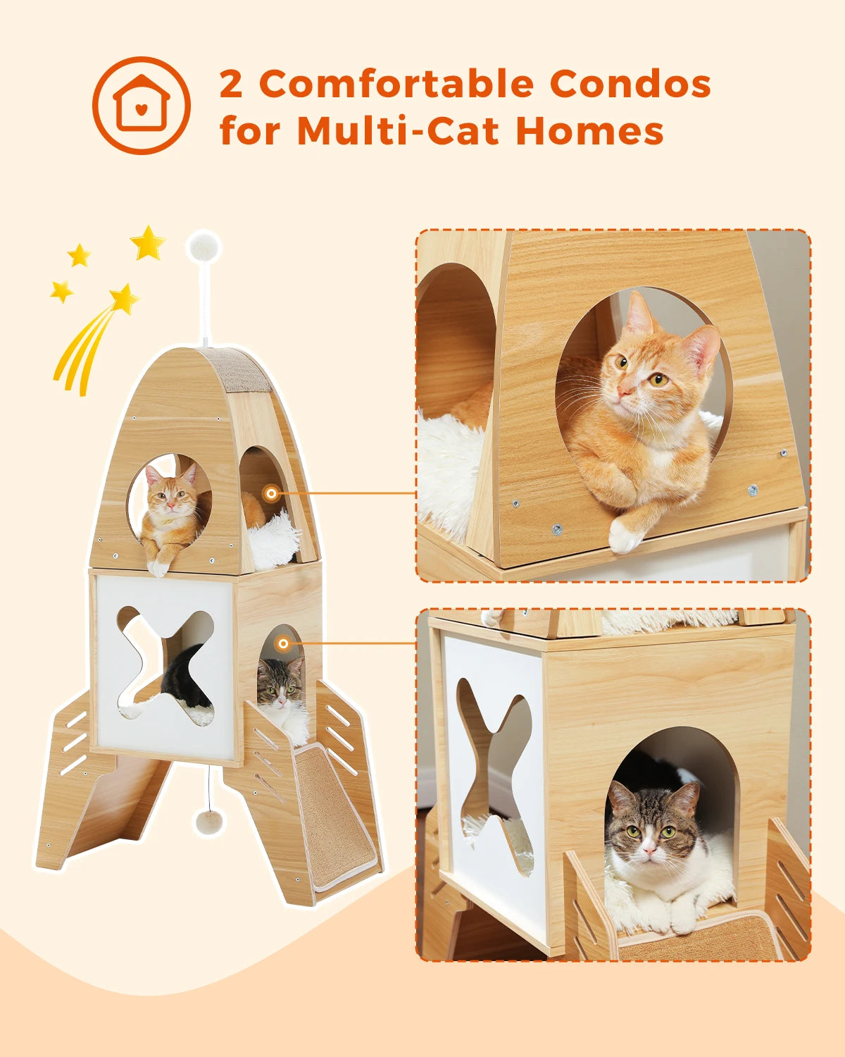 Modern Cat Tree Rocket Shape Wooden Indoor Cat Tower with Playhouse