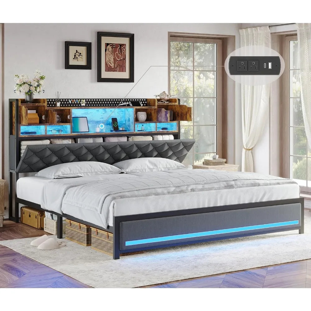 King Size Bed Frame with Storage Headboard LED Lighting Charging Station
