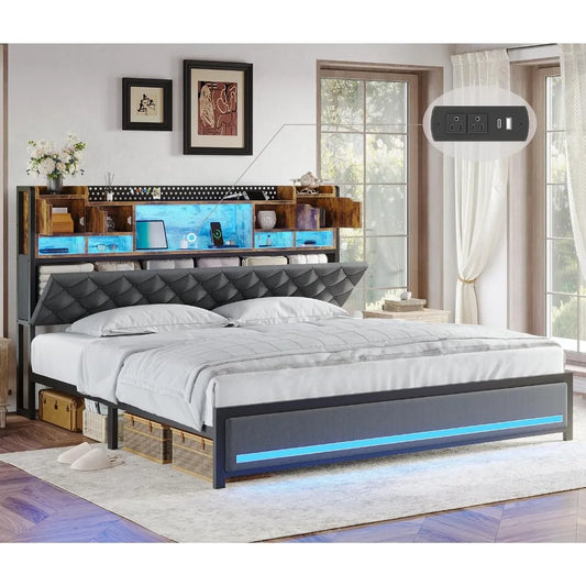 King Size Bed Frame with Storage Headboard LED Lighting Charging Station