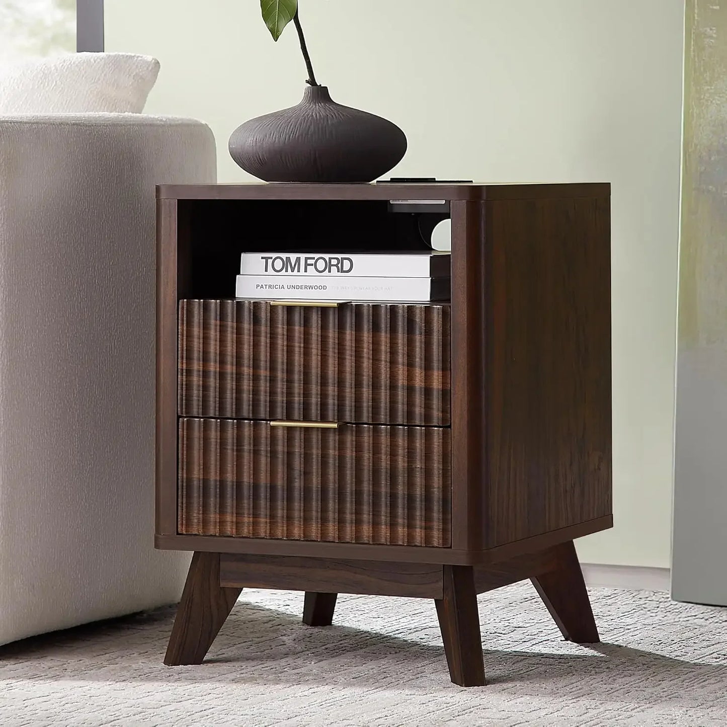 Fluted Nightstand with Charging Station 18" Modern Side Table 2 Drawers
