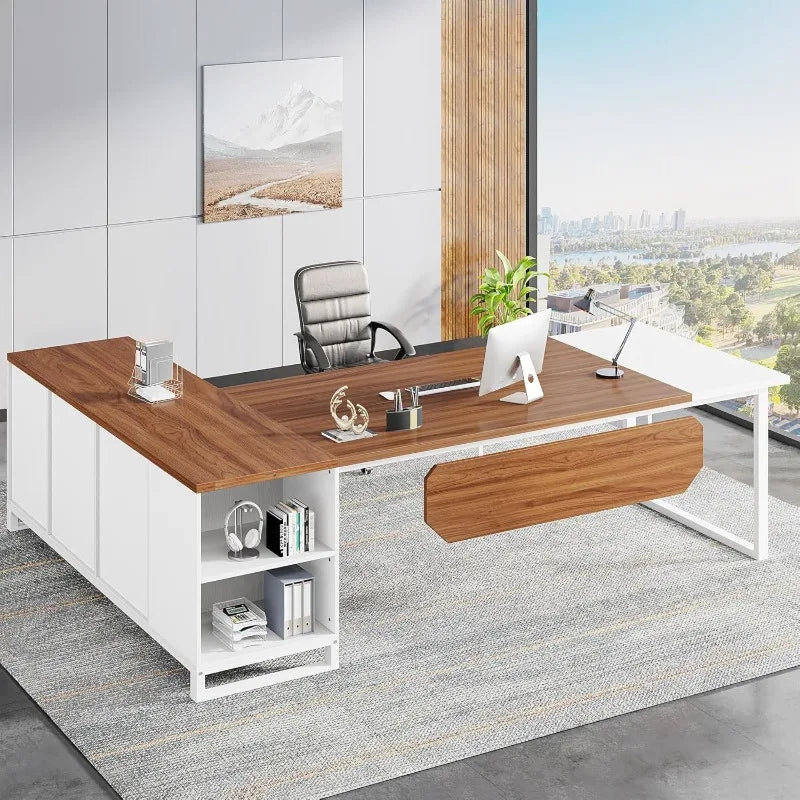 L-Shaped Executive Desk with File Cabinet Home Office Storage Solution