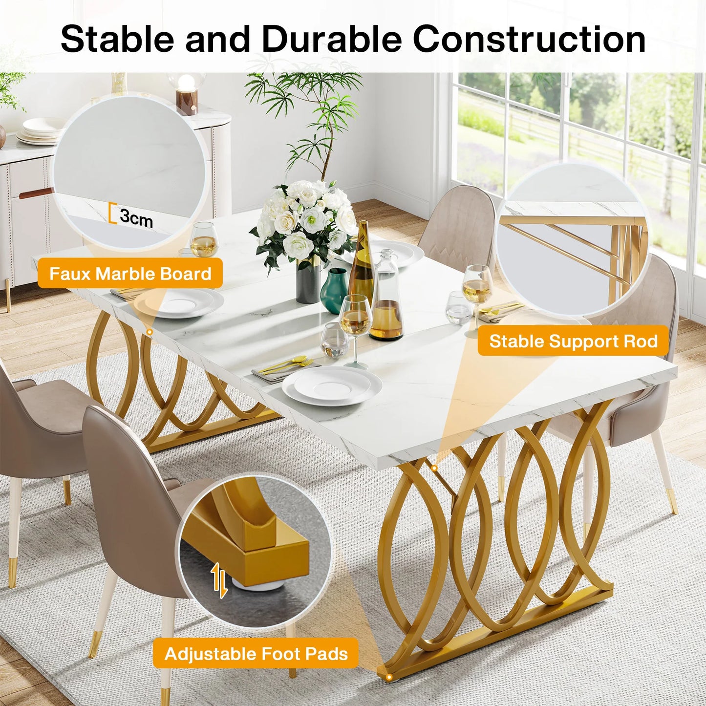 Ljustra 63 Inch Dining Table Rectangular Kitchen Faux Marble Modern Design