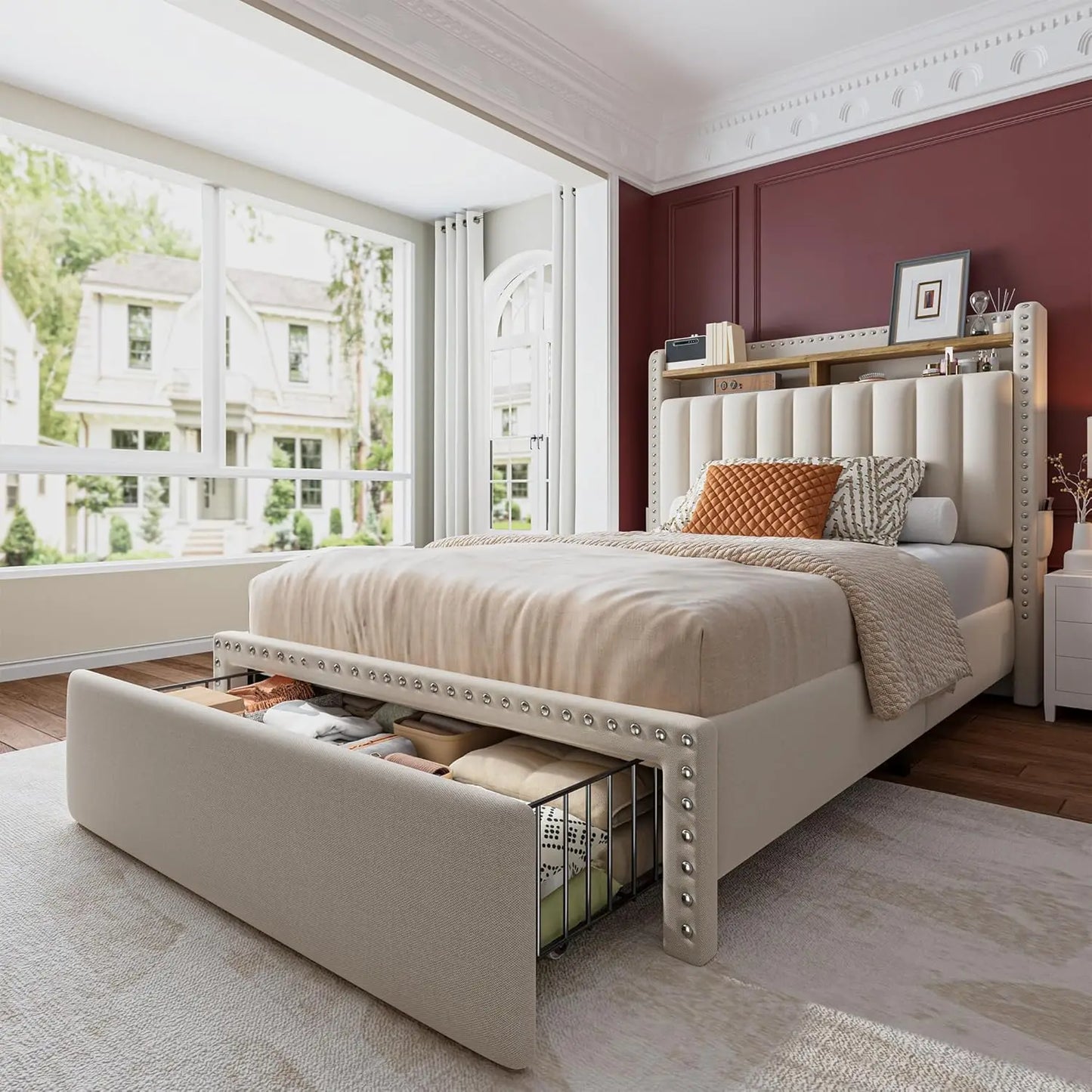 Twin Size Bed Frame with 2-Tier Storage Headboard Upholstered Platform