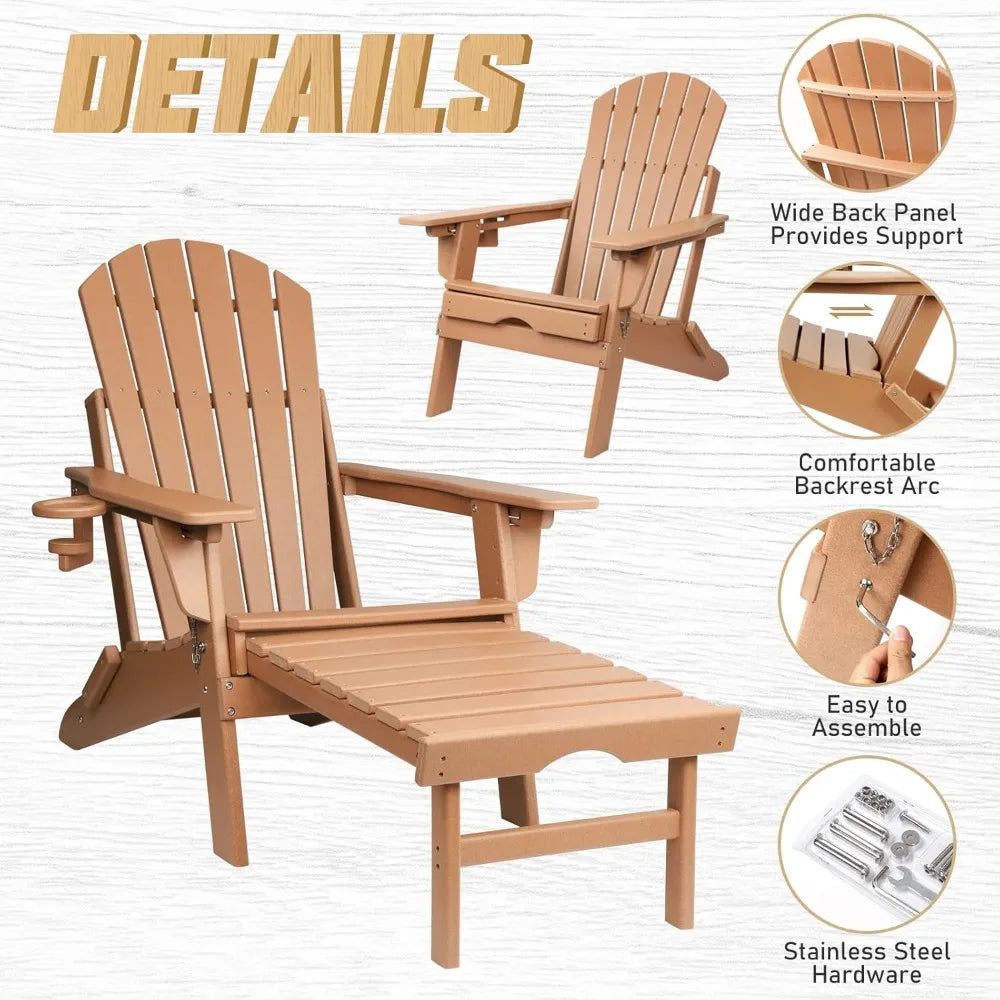Adjustable Folding Adirondack Chairs Set of 2 with Ottoman Cup Holder
