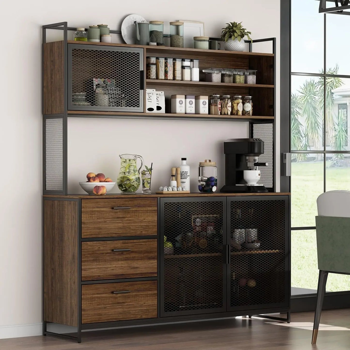 Large Kitchen Hutch Pantry Cabinet Metal Frame Storage Cupboard