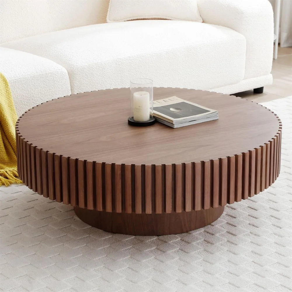 Modern Round Walnut Coffee Table Solid Wood Pedestal for Small Spaces
