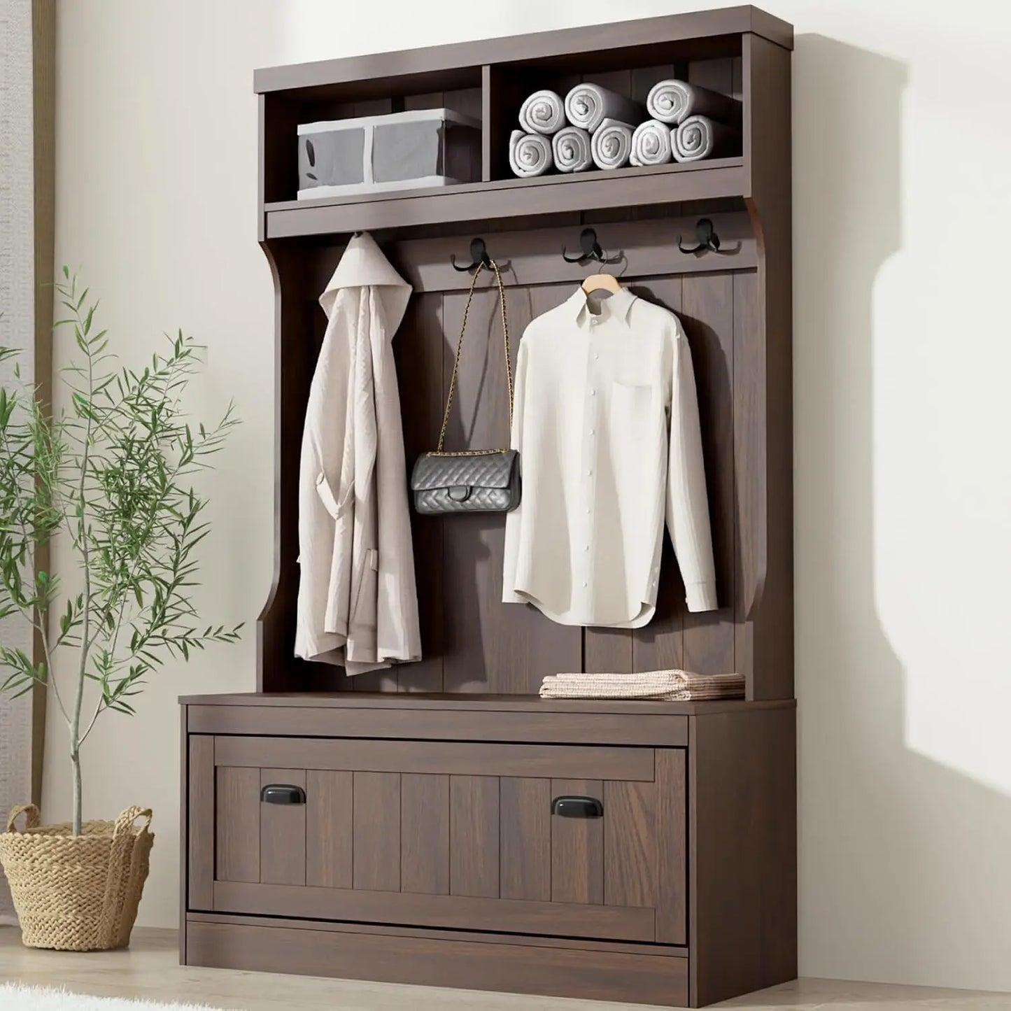 Hall Tree with Bench Shoe Storage Coat Rack Entryway Organizer 40"