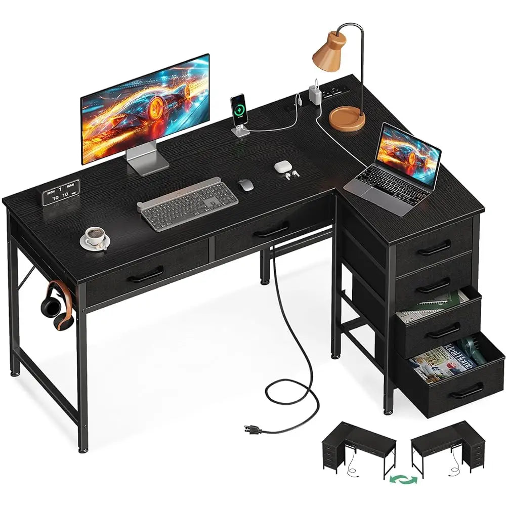 L Shaped Desk With Drawers Power Outlets Reversible Home Office Desk