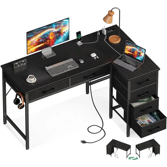 L Shaped Desk With Drawers Power Outlets Reversible Home Office Desk