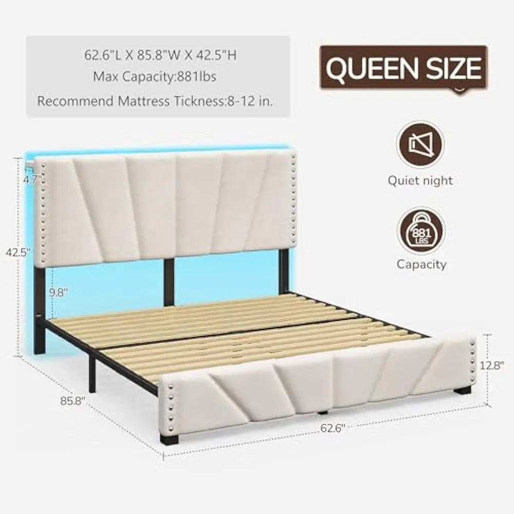 LED Bed Frame Velvet Storage Headboard with Charging Station Easy Assembly