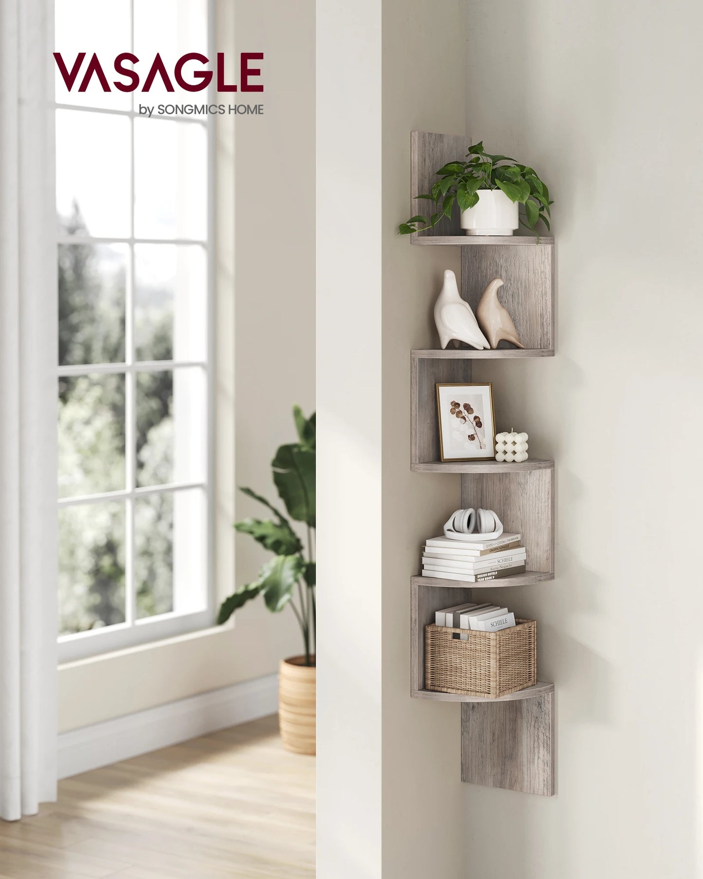 Ljustra 5-Tier Floating Corner Shelf Wall Mount Bookshelf Plant Stand