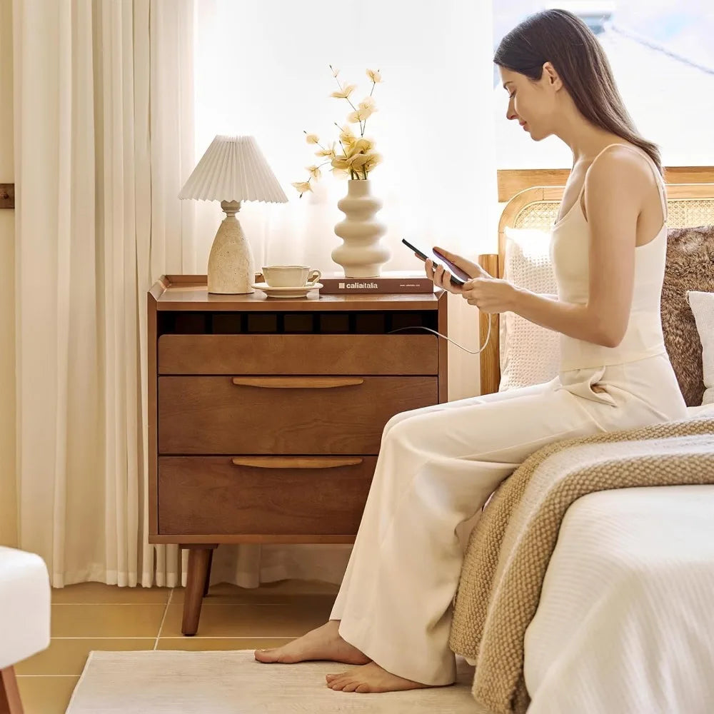 Mid-Century Modern Nightstand with Charging Station and Drawers