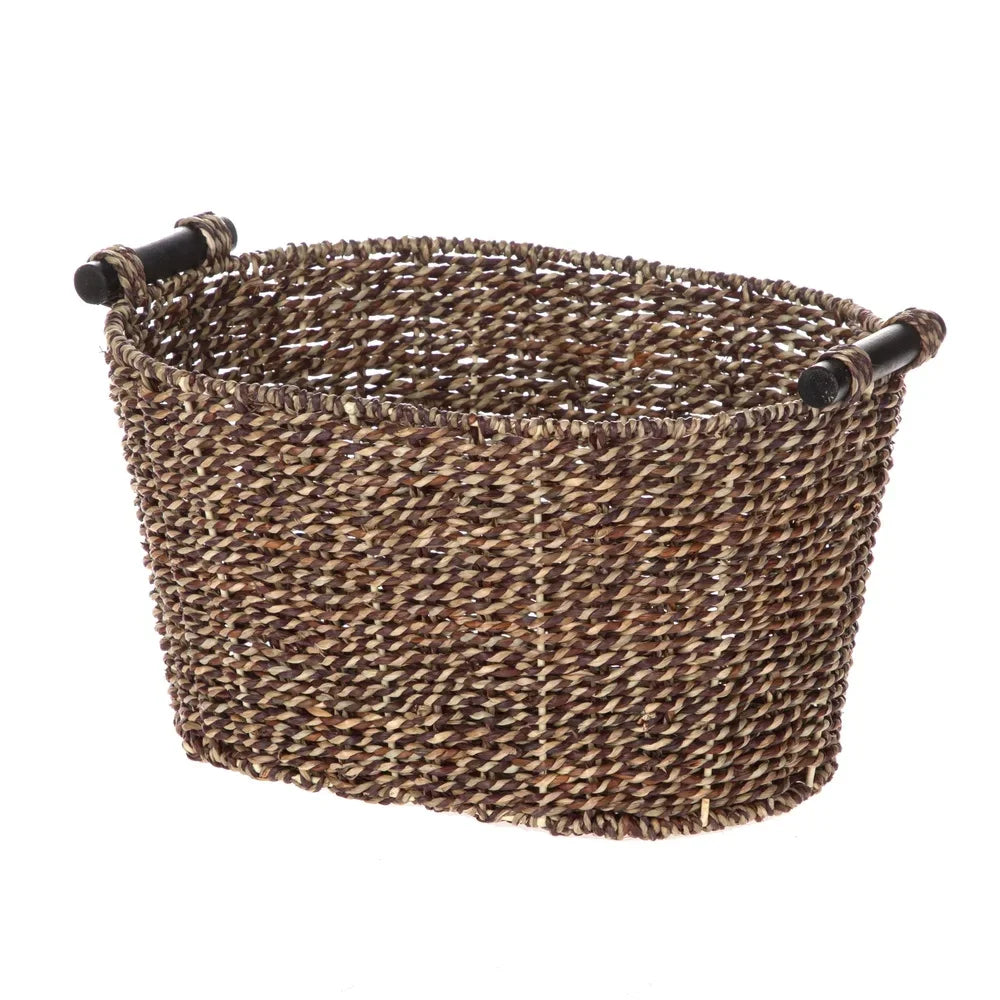 Oval Seagrass Storage Basket with Wooden Handles Decorative Home Storage