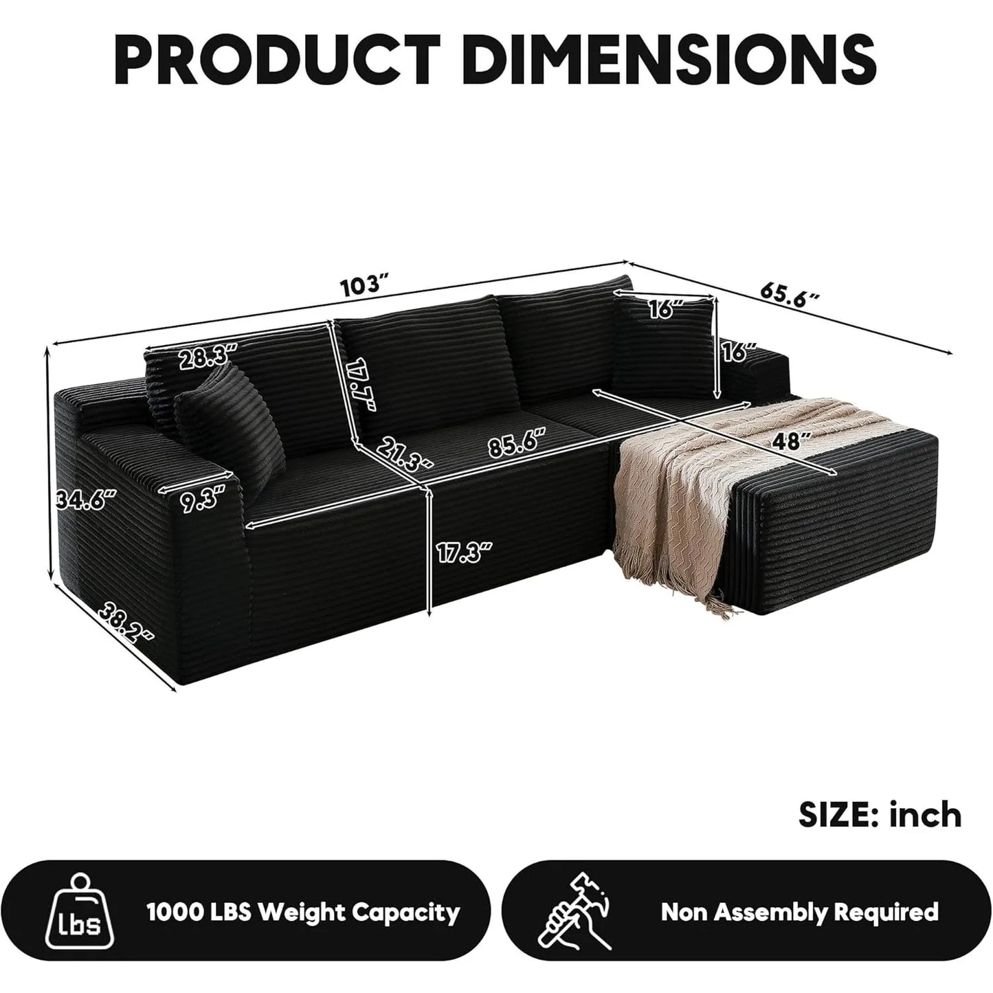 Modern L-Shape Modular Sectional Sofa Deep Seat Corduroy Couch