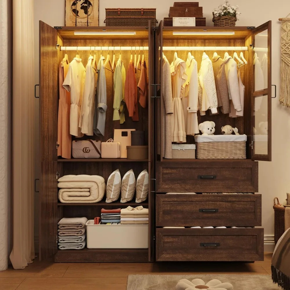 Ljustra 75" Tall Farmhouse 4 Doors Armoire Wardrobe Closet with LED