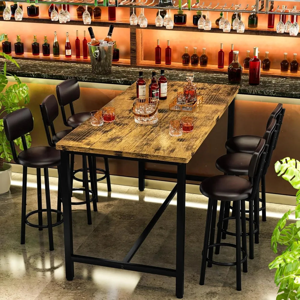 7-Piece Modern Dining Table Set with 6 PU Leather Bar Chairs
