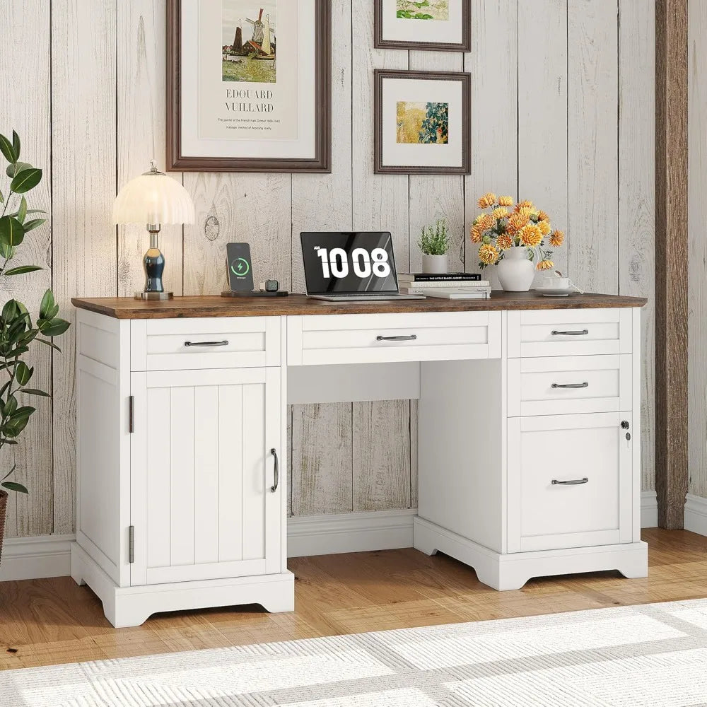 55 Inch Farmhouse Desk with Drawers Charging Station for Home Office