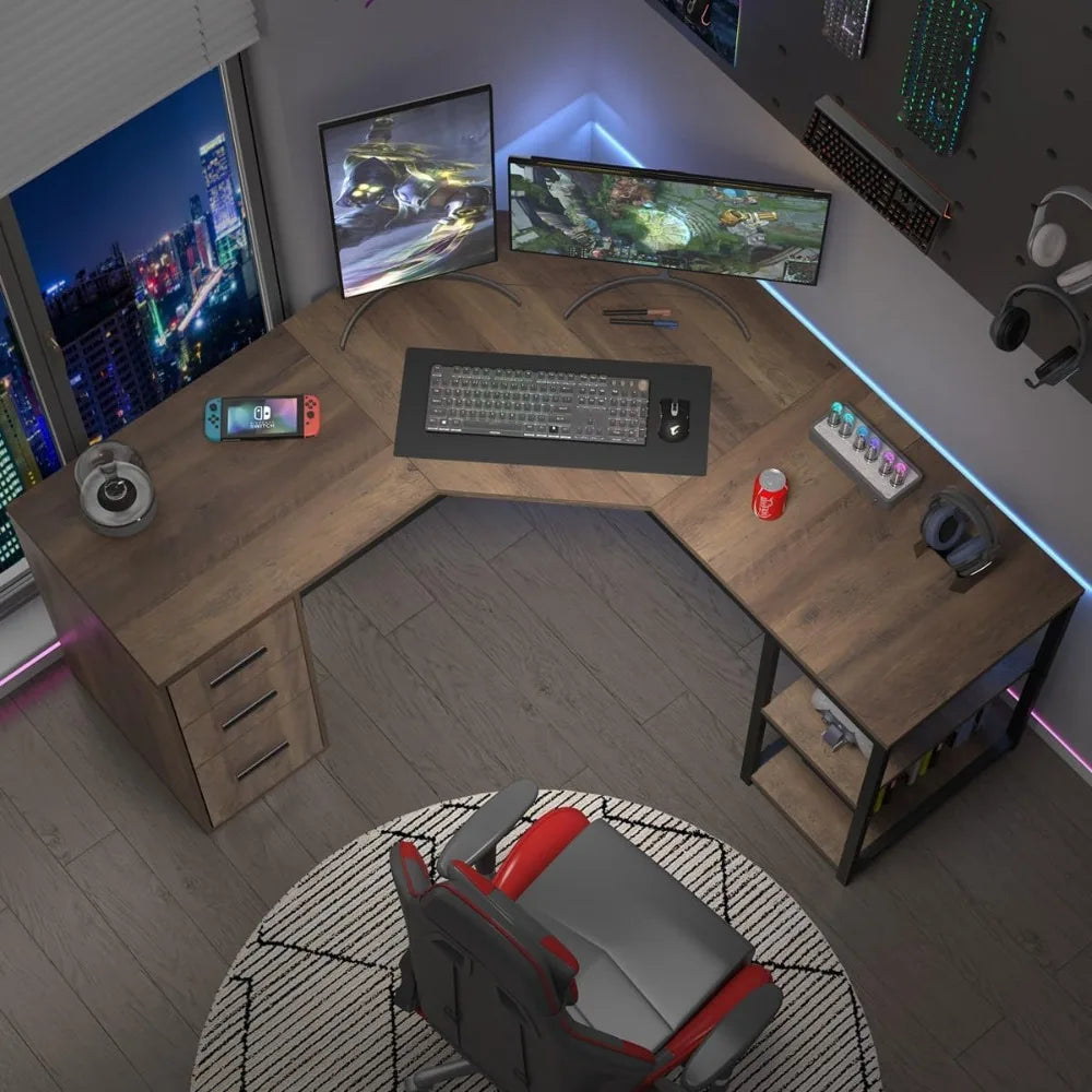 Rustic L Shape Computer Desk with File Cabinet Reversible Corner Desk