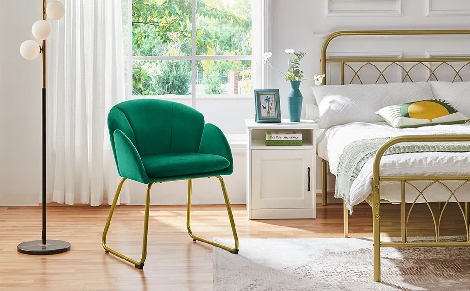 Modern Flower Velvet Vanity Chair with Golden Metal Legs for Home