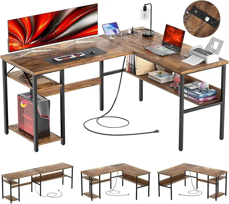 Reversible L Shaped Gaming Desk with USB Ports and Storage Shelf