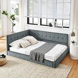 Full Size Corner Bed Frame Velvet Tufted L Shaped Daybed Modern Sofa