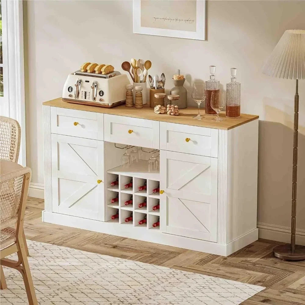 Farmhouse Wine Bar Cabinet with Wine Rack and Glass Holder 54 Inches