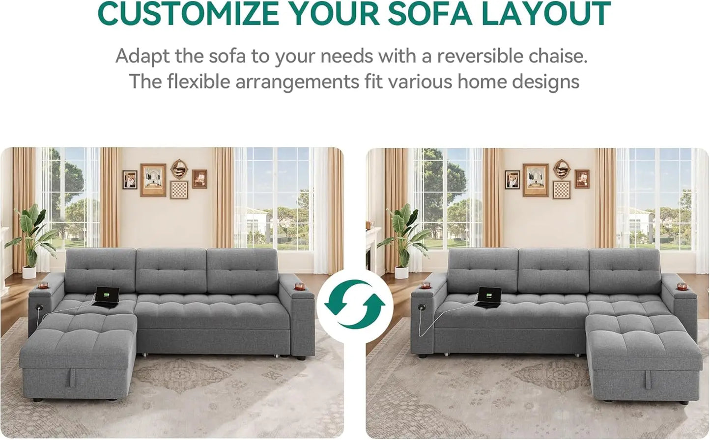 Modern L-Shaped Sleeper Sofa Bed w/ Pull Out, USB Ports, Storage Chaise, Reversible Couch