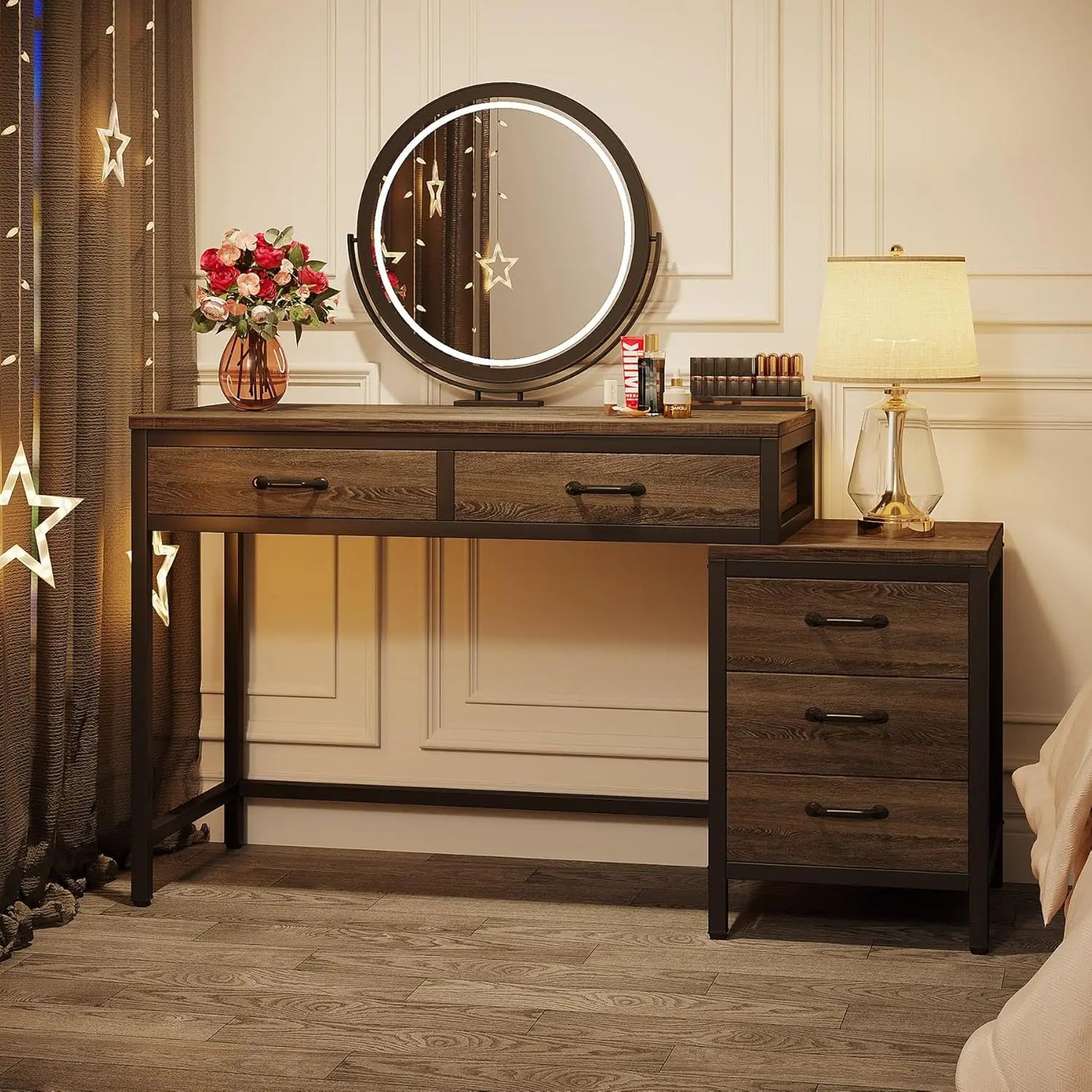 Ljustra Vanity Desk with 5 Drawers Dressing Table Makeup Table Walnut