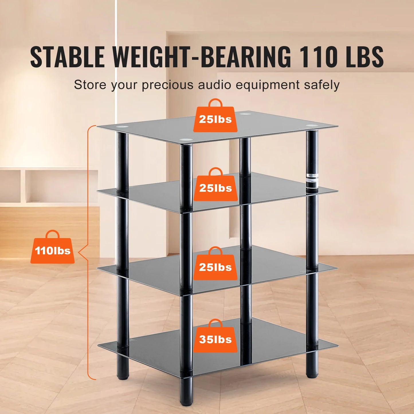 Ljustra 4-Tier AV Media Stand Adjustable Tempered Glass DVD Storage