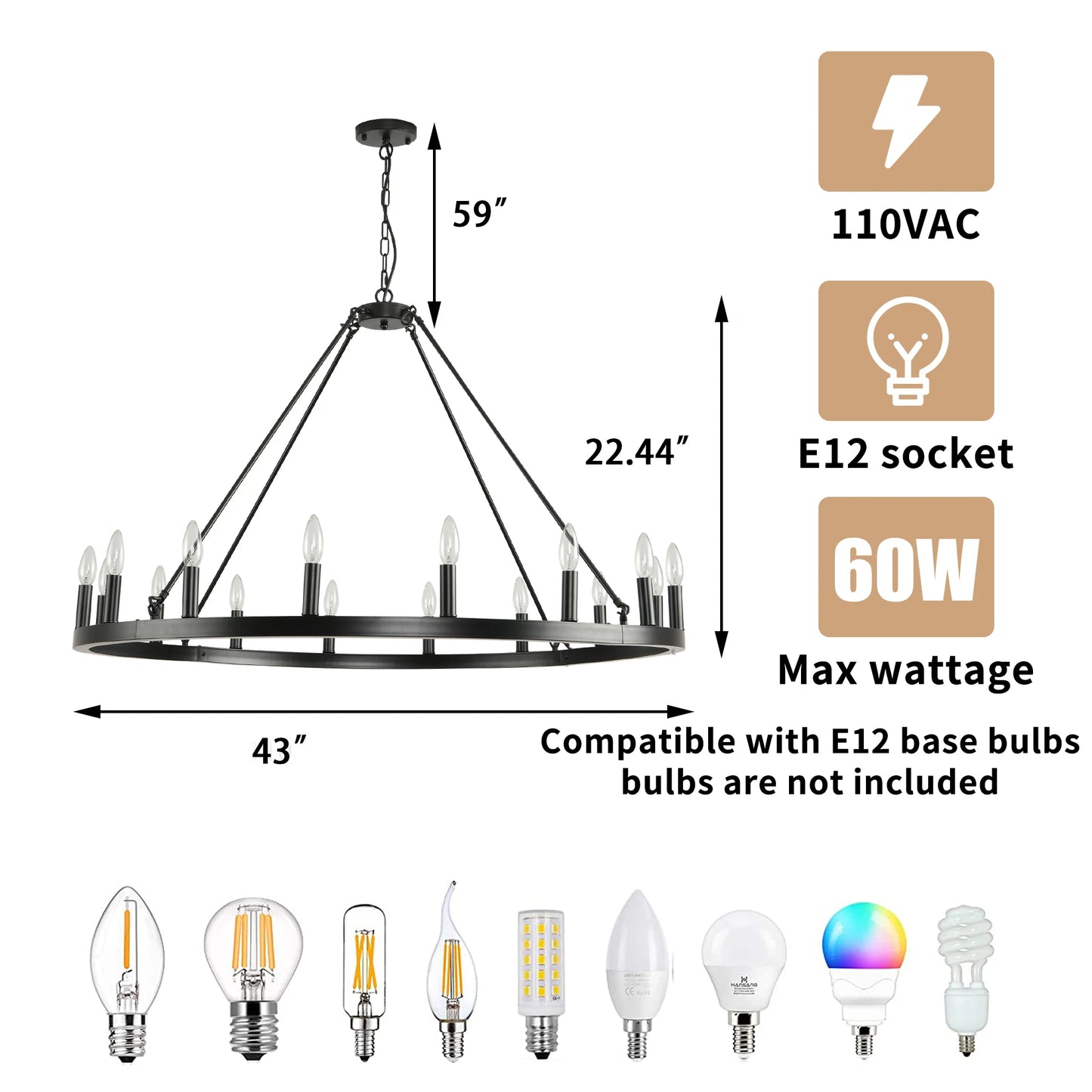 16-Light Wagon Wheel Chandelier Modern Rustic Pendant Light for Home