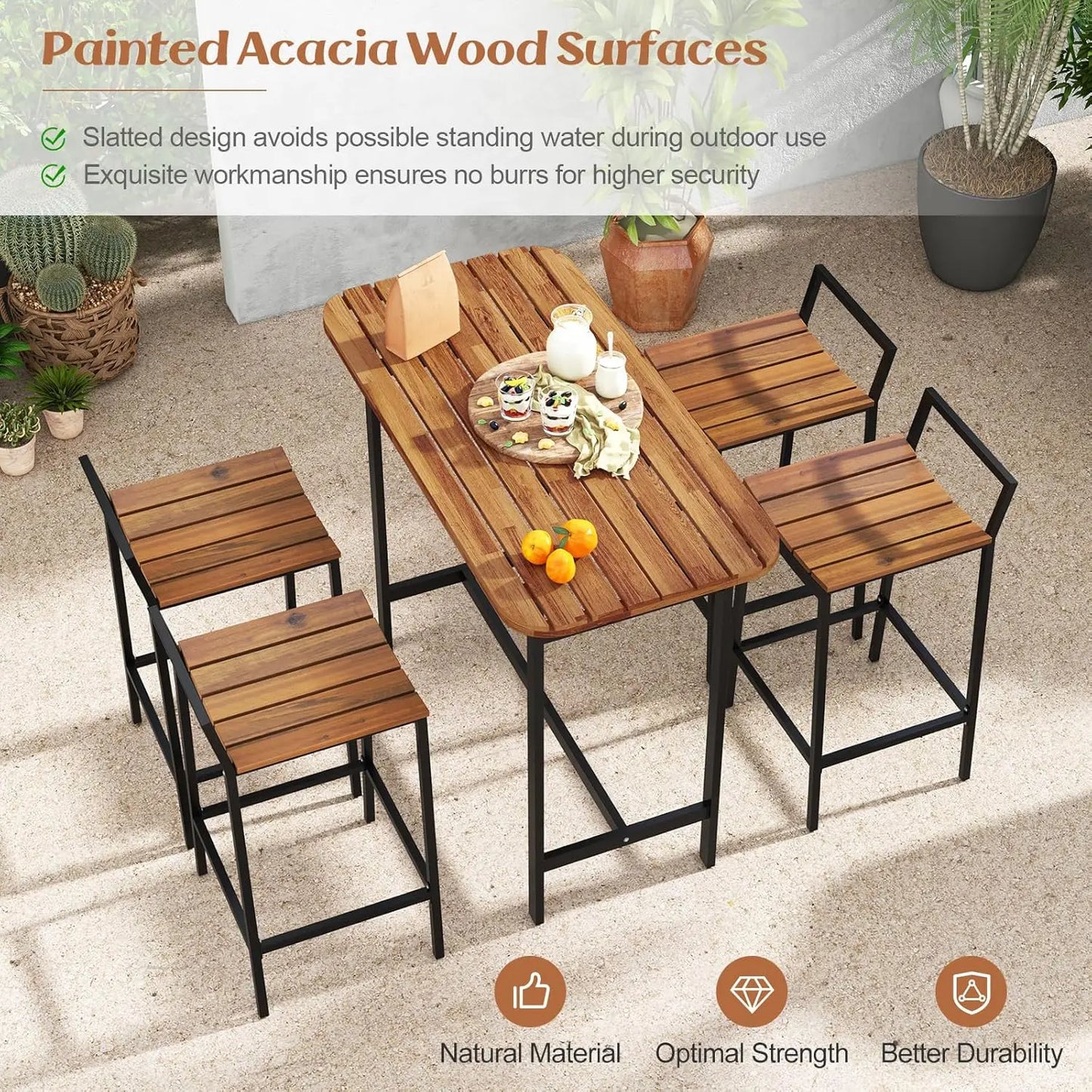 5 Piece Acacia Wood Outdoor Bar Table Set for Deck Garden Poolside