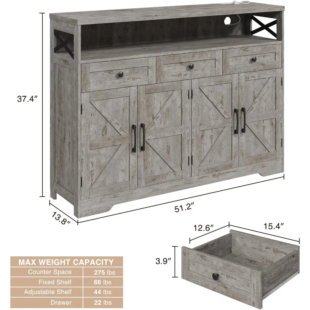 51 Inch Farmhouse Buffet Sideboard Cabinet with Drawers and Barn Doors