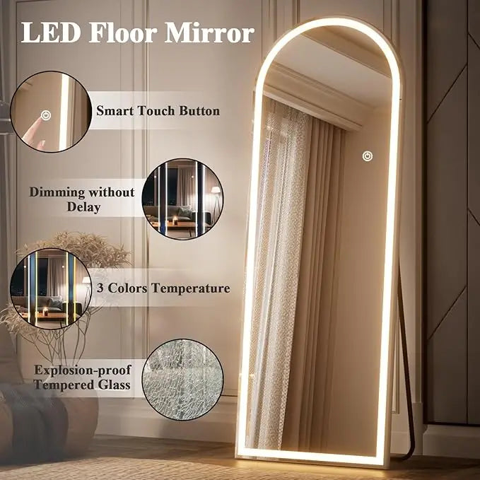 LED Full Length Mirror 71x30 Inch Floor Standing Tri Color Lighting