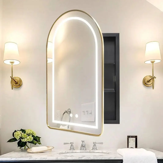 Lighted Arched Medicine Cabinet LED Mirror Recessed Bathroom Storage