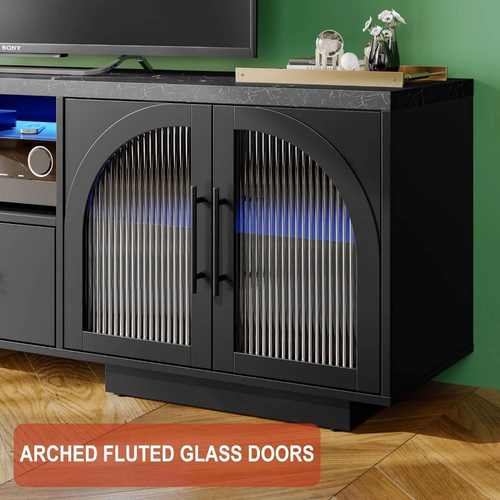 70 Inch TV Stand Entertainment Center with LED Lights and Glass Doors