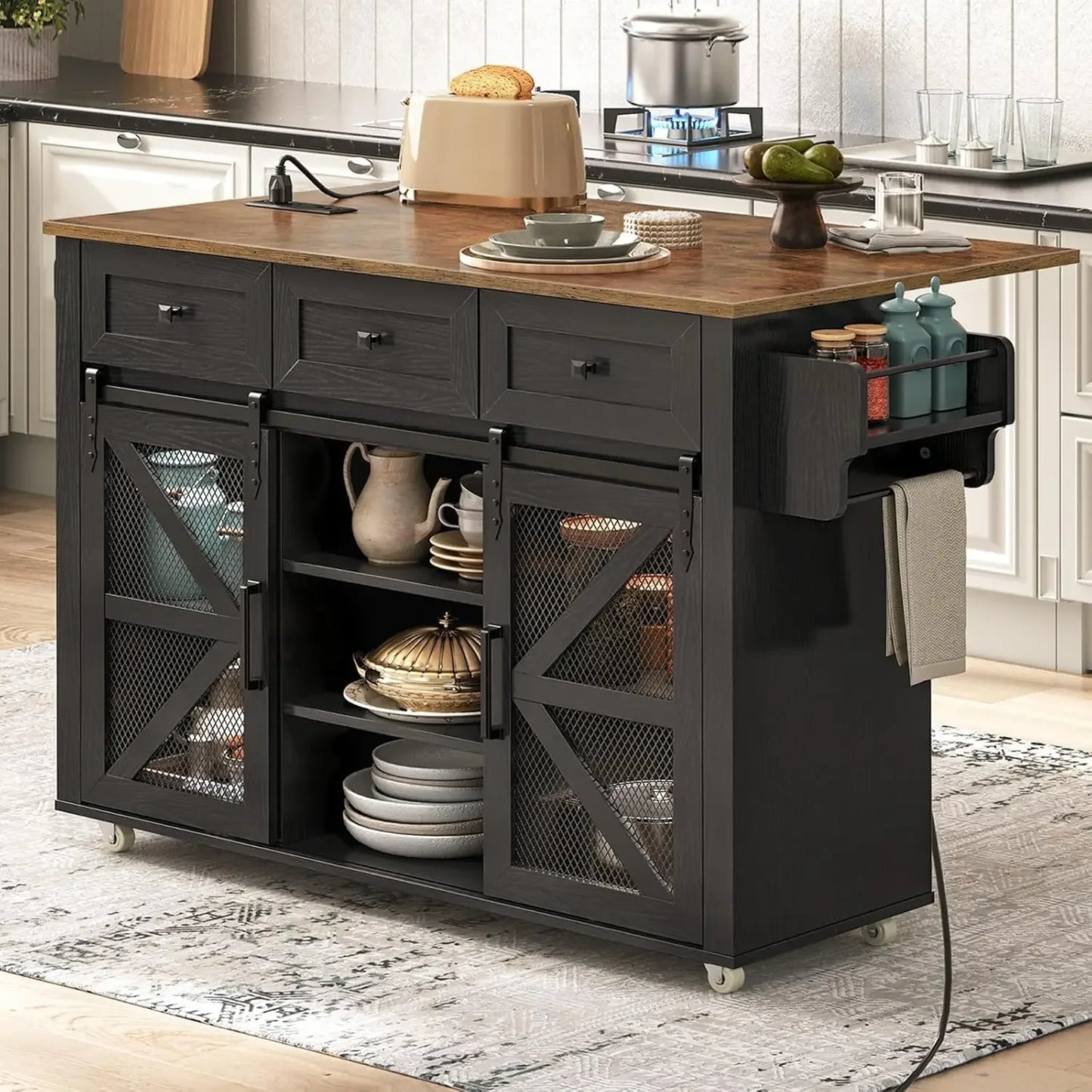 Kitchen Island with Storage Charging Station Rolling Table Drop-Leaf