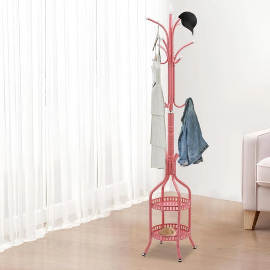Pink Modern Metal Coat Rack Stand Freestanding Hat Hall Tree 12 Hooks