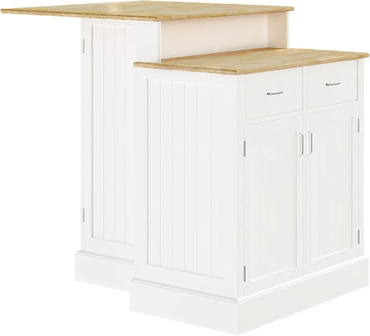Kitchen Island Storage Cabinet with Adjustable Shelves Rubber Wood Top