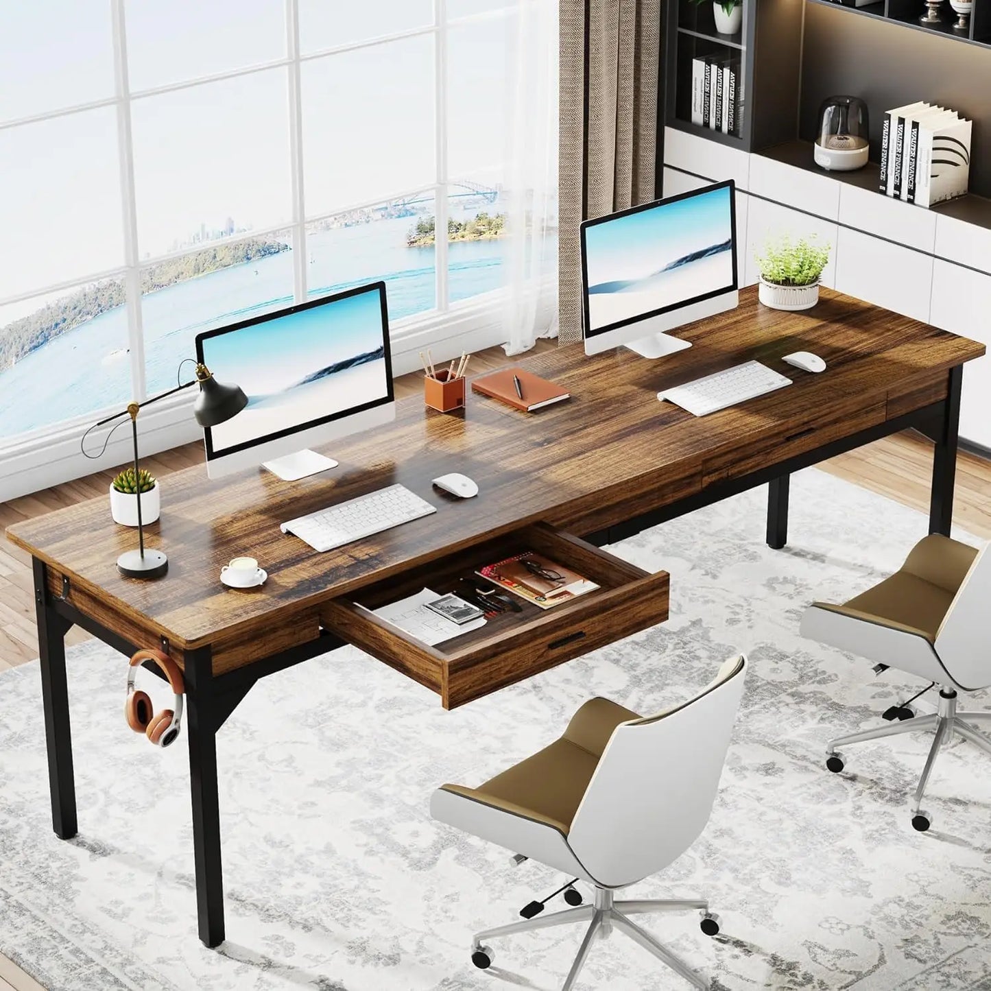 Ljustra 200cm Computer Desk Double Long Office Table with 2 Drawers