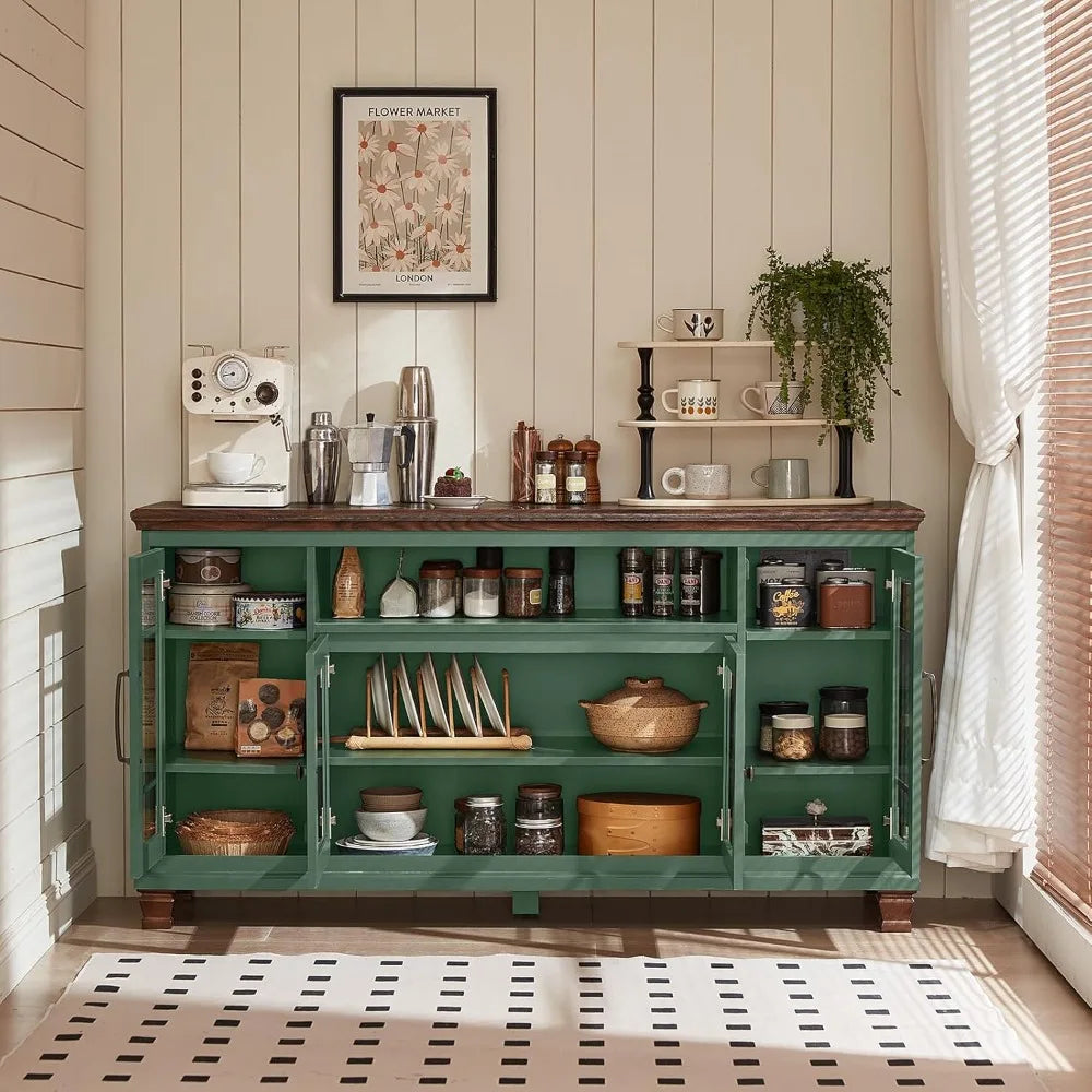 Large Vintage Green Sideboard Buffet Cabinet with Glass Doors