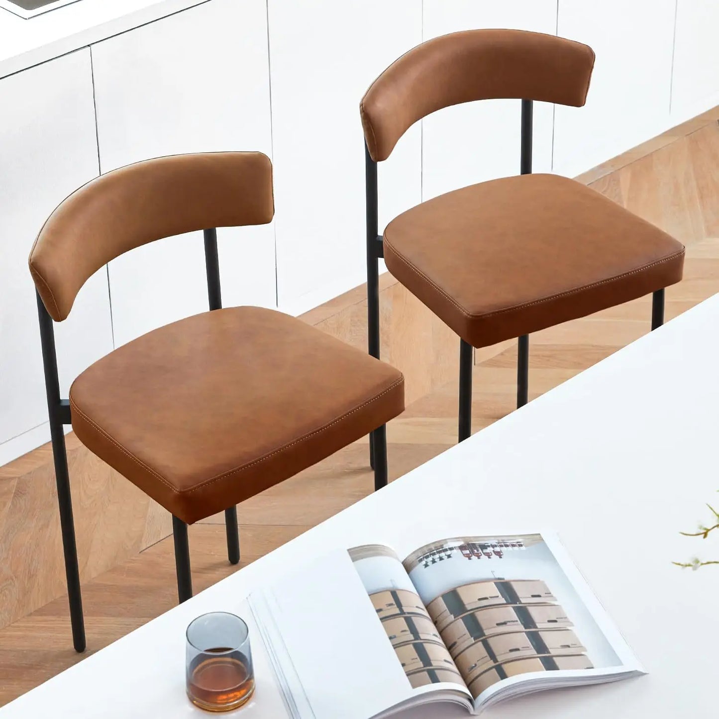 Brown Modern Bar Stools Set of 2 Faux Leather Curved Backrest Kitchen
