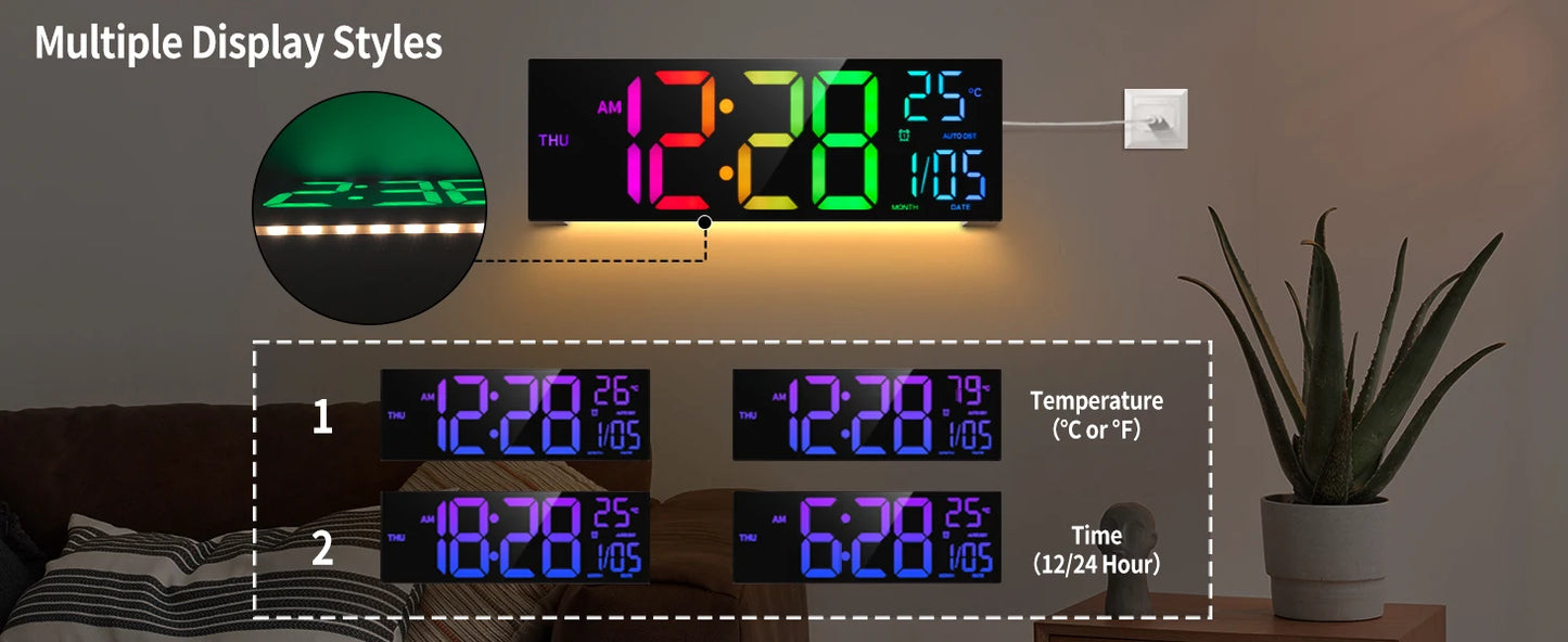Large Digital Wall Clock with Remote RGB Display Alarm Temperature