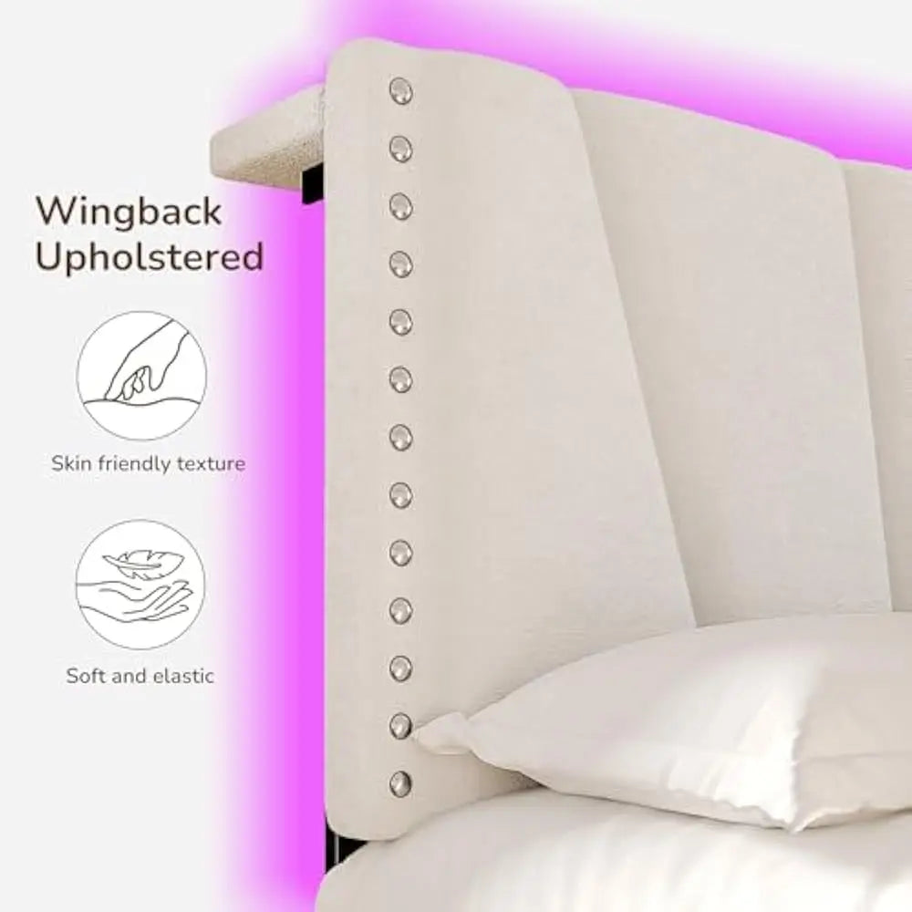 LED Bed Frame Velvet Storage Headboard with Charging Station Easy Assembly