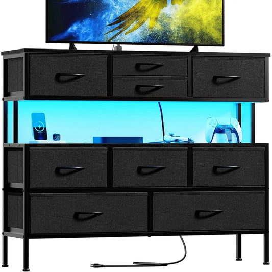 Dresser TV Stand with Charging Station LED Lights 55 Inch 9 Drawers
