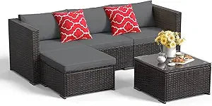 5 Pieces Patio Furniture Set All Weather Outdoor Wicker Sectional Grey