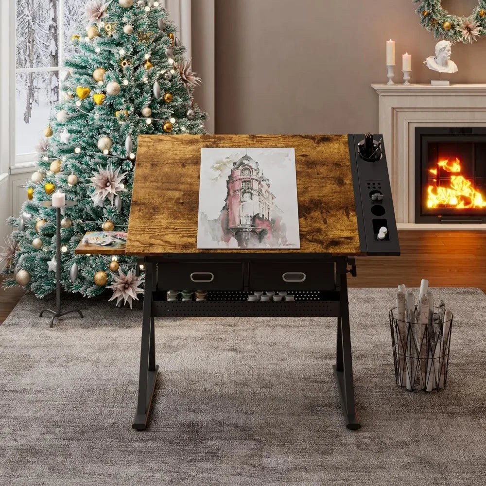 Adjustable Drafting Table Multi-Functional Drawing Desk with Stool