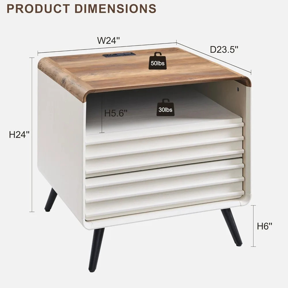 24 Inch Nightstand with Charger Station Mid Century Modern End Table