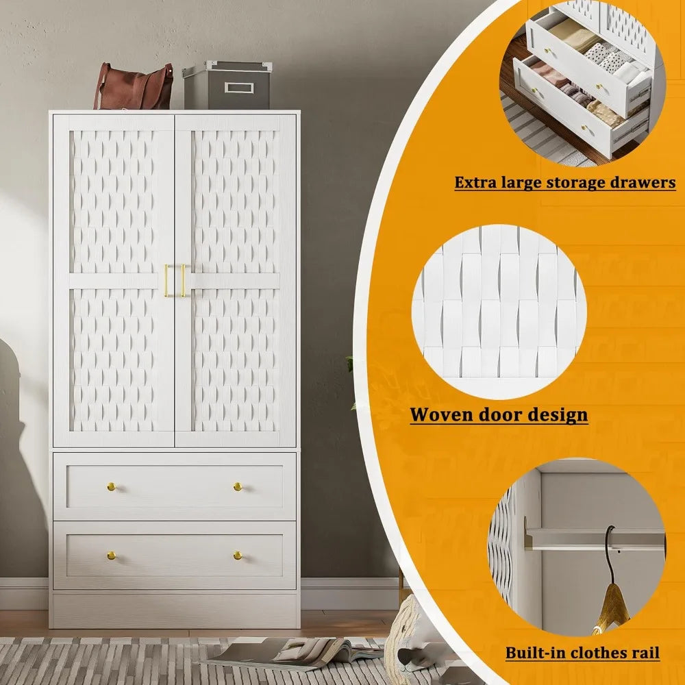 Armoire Wardrobe Closet with 2 Woven Doors and Drawers for Storage